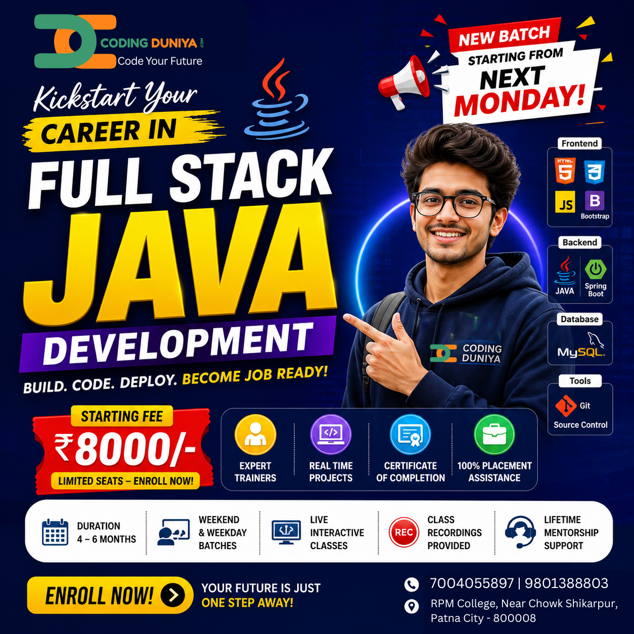 Full Stack Java Course fee details at Coding Duniya Patna